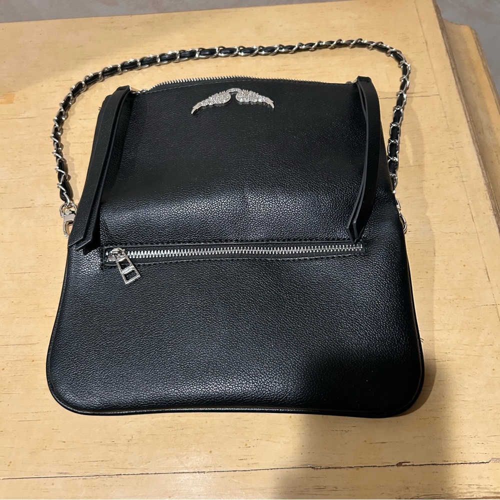 Zadig & Voltaire Black Leather Shoulder Bag with Silver Wing Emblem - Picture 4 of 15